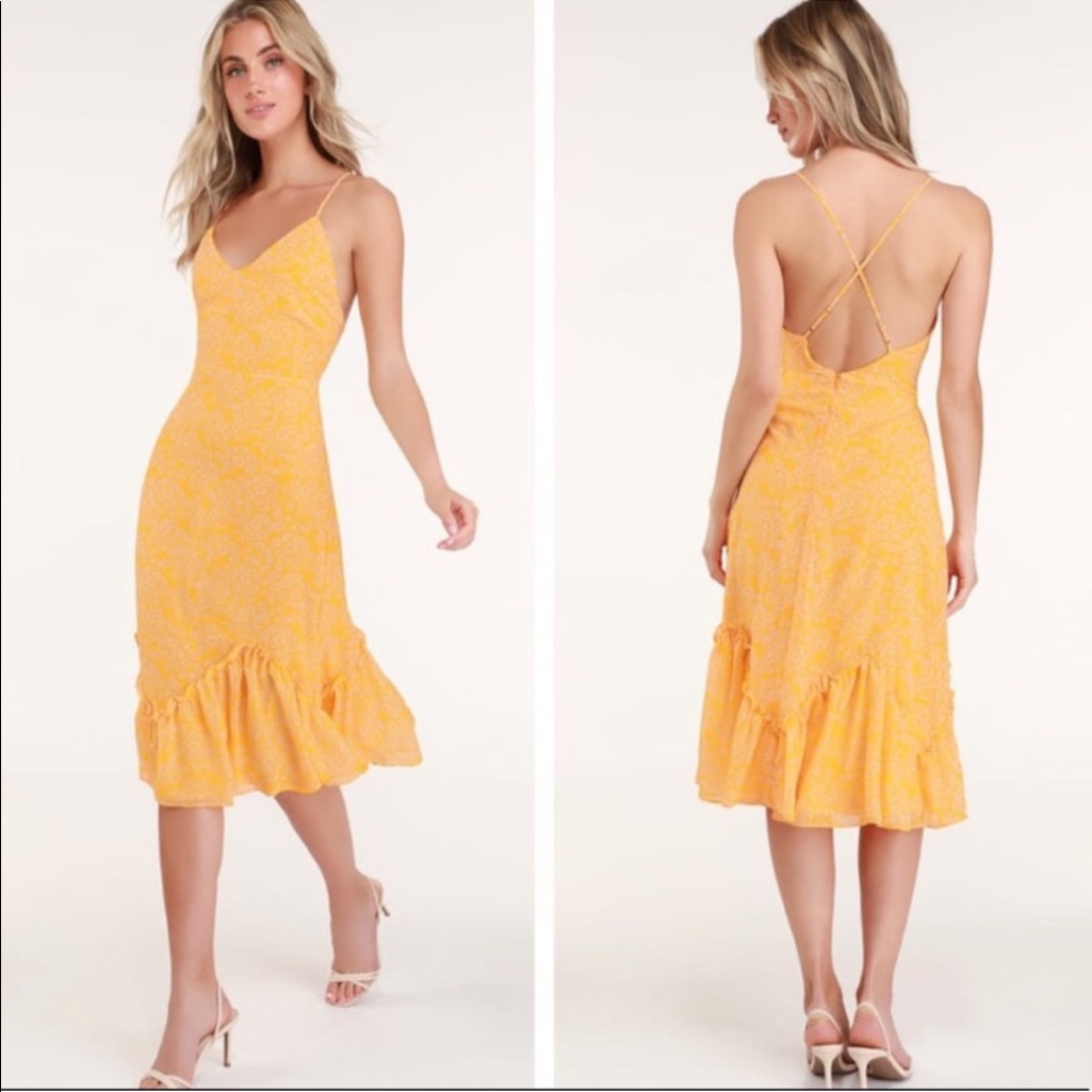 Flirty Fleurs Yellow Floral Print Midi Dress  Yellow  Small  Brand Nwot